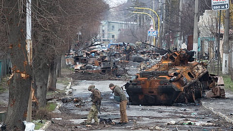 The main street in Bucha, Ukraine, the scene of many atrocities after the Russian invasion in 2022. Ukraine is looking to Alberta to help rebuild its critical infrastructure.