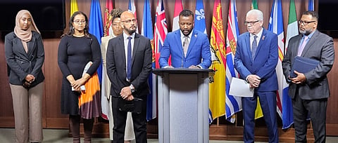 A coalition gathered for a press conference at the National Press Gallery February 26 to demand changes to the Canadian Human Rights Commission, which the coalition said was systemically racist