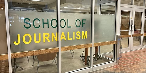 The entrance to the School of Journalism in the Administration-Humanities building at the University of Regina