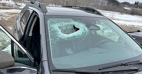 Damage to Edmonton car after concrete thrown from bridge.