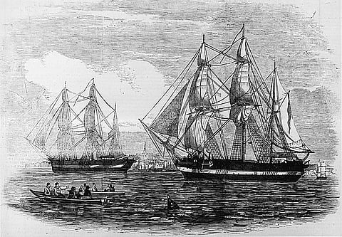 HMS Terror and HMS Erebus leave the British Naval Academy at Greenwich in 1845. 