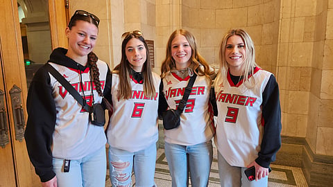 Callie Klemenz and her teammates with the Vanier Spirits in Moose Jaw were at the Saskatchewan Legislature March 19 to plead for Hoopla to take place.