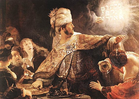 In Rembrandt's famous 1635 painting, the Babylonian king Belshazzar famously sees 'the writing on the wall.' 