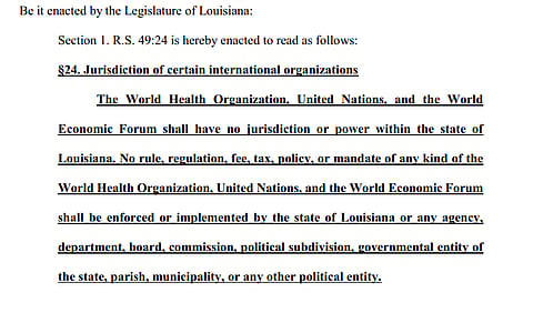 Louisiana Senate unanimously passes bill to ban all UN/WHO/WEF decrees