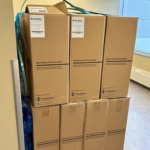 A six-foot-high stack of boxes containing tampons delivered to a male washroom inside a Canadian Armed Forces base in Ontario.  