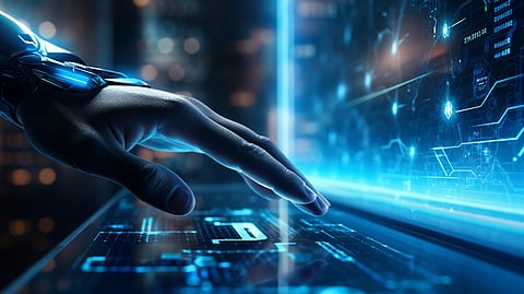 A hand pointing to a futuristic technology. 