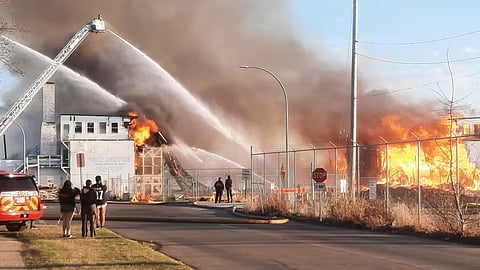 A fire destroyed Hangar 11 in Edmonton on Monday, April 22, 2024.