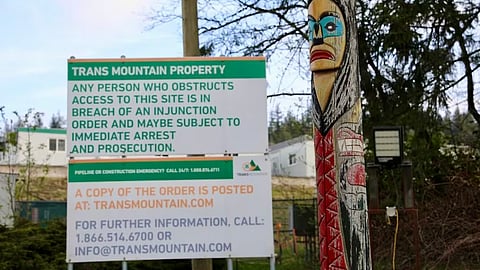 Totem pole outside the Trans Mountain terminal in Burnaby