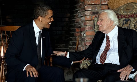 President Barack Obama meets with Rev. Billy Graham at his house in Montreat, N.C., April 25, 2010. It can be argued that the towering moral influence of Billy Graham bought decades for a United States of America whose symptoms of decline were discernible as early as the 1960s.