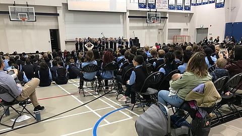 Morning worship at Bearspaw Christian School. With around 800 in-house students and an even larger number of home school students in its orbit, the rapidly expanding school buildings are paid for by parents and well-wishers. Columnist Michael Wagner traces the strength of alternative schooling in Alberta today, back to members of the Dutch Reformed Church who successfully lobbied then-premier Ernest Manning in the 1960s.