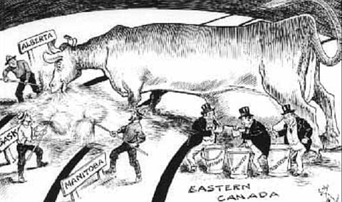 As a depiction of how westerners feel about their relationship with central Canada, the famous milch cow cartoon has few rivals for durability. It first appeared in the Grain Growers' Guide, on December 15th, 1915