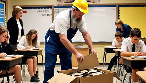 In this cartoon, a school janitor removes Bibles from a classroom. Writer Michael Wagner laments that when Christianity is not taught in the classroom, society at large becomes increasingly secular