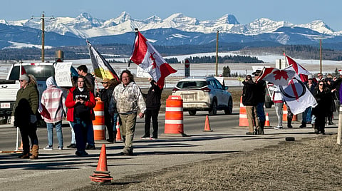 Carbon tax protesters west of Calgary on April 1, 2024