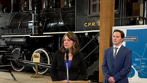 Premier Danielle Smith and Transportation Minister Devin Dreeshan in Calgary on Monday