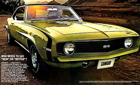 A 1970s car advertisement for a Camaro muscle car.