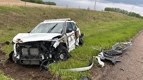A police car was rammed by a male suspect on May 30 who is still at large