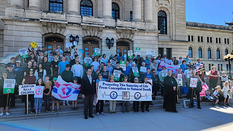 Participants in the March for Life gather for a picture on the Steps of the Saskatchewan Legislature (May 9, 2024)