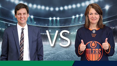 Danielle Smith challenged David Eby to a bet about the Stanley Cup Playoffs. 