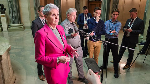 Christine Tell took questions from reporters on a controversial contract by Tire Stewardship of Saskatchewan