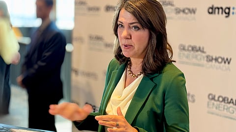 Premier Danielle Smith addresses media at the Global Energy Show in Calgary on Wednesday.