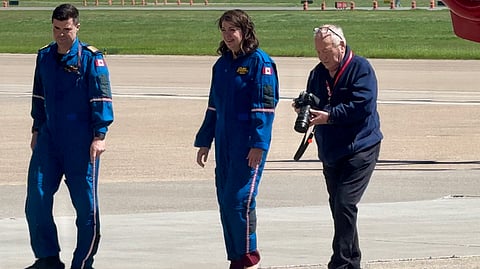 Premier Danielle Smith disembarks from a STARS air ambulance at YYC Tuesday afternoon.