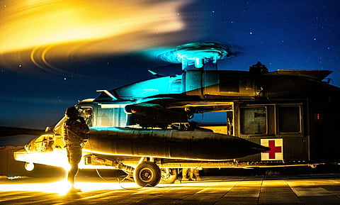 Charlie Company "Dustoff" 82nd Airborne Division prepare to take off for a night flight. 