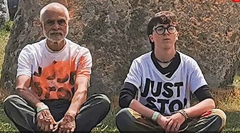 The two nitwits who spray-painted Stonehenge last week, Rajan Naidu, 73, and Niamh Lynch, 21. Dr. Barry Cooper reports that they each face up to two years in jail.