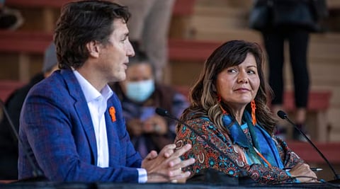 Prime Minister Trudeau with Kamloops chief Roseanne Casimir. Three years ago, Casimir claimed that bodies of residential school students had been found in unmarked graves. 