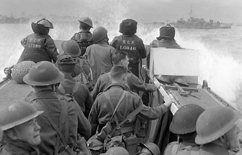 Infantrymen are seen heading ashore from HMCS Prince Henry off the Normandy beachhead in France on June 6, 1944. 