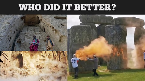 Vandalism to make a point... Left, the hole in the rock after the Taliban blew up 1,400 year-old statues of the Buddha in Afghanistan. Right, climate activists spray paint Stonehenge in southern England.
