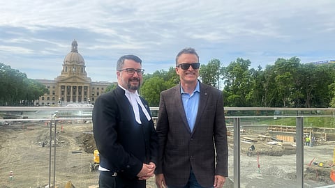 Nathan Cooper and Peter Guthrie said Phase One of the redevelopment of the Alberta Legislature Grounds has finished up and will see the the fountain area and pool open on July 1, 2024. 
