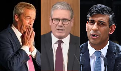 Tory Prime Minister Rishi Sunak, Reform UK Nigel Farage, Keir Starmer Labour Party