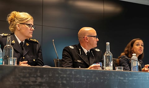 RCMP Assistant Commissioner Lisa Moreland, Regional Commander, Northwest Region, Federal Policing (far left) attends a press conference with Commander Dom Murphy, United Kingdom Metropolitan Police Counter Terrorism Command, and Deputy Commissioner Rebecca Weiner, Intelligence and Counterterrorism, NYPD, at New Scotland Yard in London, England, on July 18, 2024. 