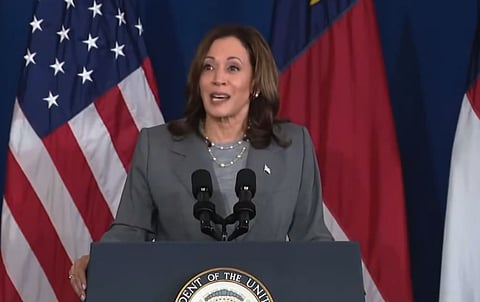 Kamala Harris said as Donald Trump bows down to dictators, he makes the United States weak and is disqualifying for a person who wants to be commander-in-chief. 