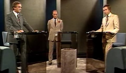 The 1979 federal election had (l. to r.) the NDP's Ed Broadbent, Liberal Pierre Trudeau and Progressive Conservative Joe Clark square off in the Leaders' Debate. Clark's victory was short-lived however. Writer Francis Crescia speculates that Prime Minister Justin Trudeau is hoping history provides a similar miracle comeback.