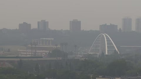 A view of the Walterdale Bridge amid smoky skies in Edmonton in 2021. 