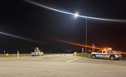 A barricade at the intersection of Highway 16 and Highway 40 west of Hinton, AB, has prevented traffic from travelling toward Jasper.