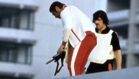 The Munich massacre was a terrorist attack carried out during the 1972 Summer Olympics in Munich, West Germany. German police are seen on a rooftop.