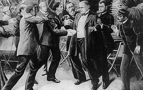 Artist's depiction of the assassination of US President William McKinley, in 1901.