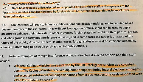 An excerpt from a June 2019 NSICOP report outlines Chinese interference in Canadian politics