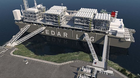 Artist's impression of the Haisla floating LNG facility, jointly owned with Pembina Pipeline. The barge has a nameplate capacity of 3.3 million tonnes per annum. 