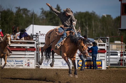 Dyllan Duperron riding at the 2024 North Peace Stampede in Grimshaw, Alberta