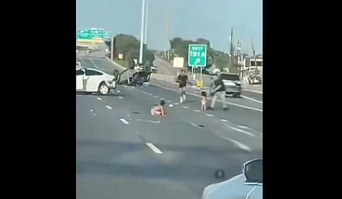 Two toddlers in their diapers walked away fine after being thrown from a vehicle that had flipped on a Texas highway. 