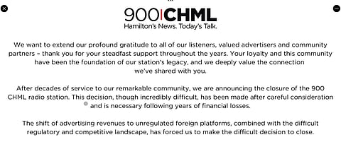Statement by 900 CHML on Wednesday