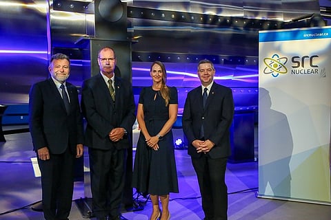 Minister Jeremy Harrison, right, stands with counterparts from Saskatchewan Research Council and Atomic Energy of Canada Ltd. who signed a Memorandum of Understanding to cooperate on nuclear power technology