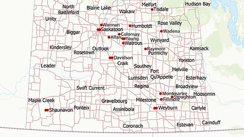 Two people were charged by RCMP for a series of ATM and vehicle thefts in areas marked red on this Saskatchewan map