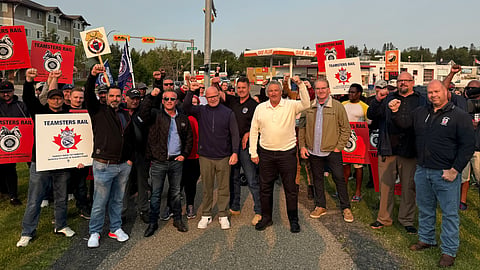 François Laporte, President of Teamsters Canada, and Sean O’Brien, General President of the International Brotherhood of Teamsters (IBT) on the picket line Friday morning at CPKC headquarters in Calgary