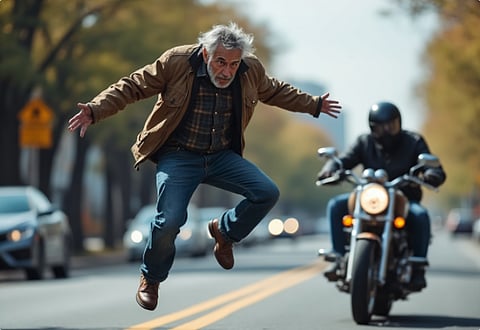 AI rendering of an addict jumping in front of a motorcycle