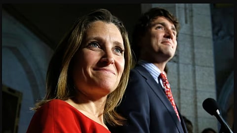 Happier times for former-Finance Minister Chrystia Freeland and Prime Minister Justin Trudeau. Freeland quit this morning, proclaiming herself 'at odds' with the PM