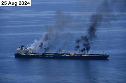 The Greek tanker Sounion ablaze in the Red Sea on Sunday 